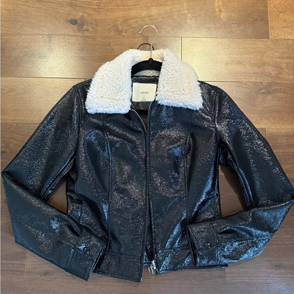 Wilfred Shimmering Black Bomber Jacket with Shearling Collar